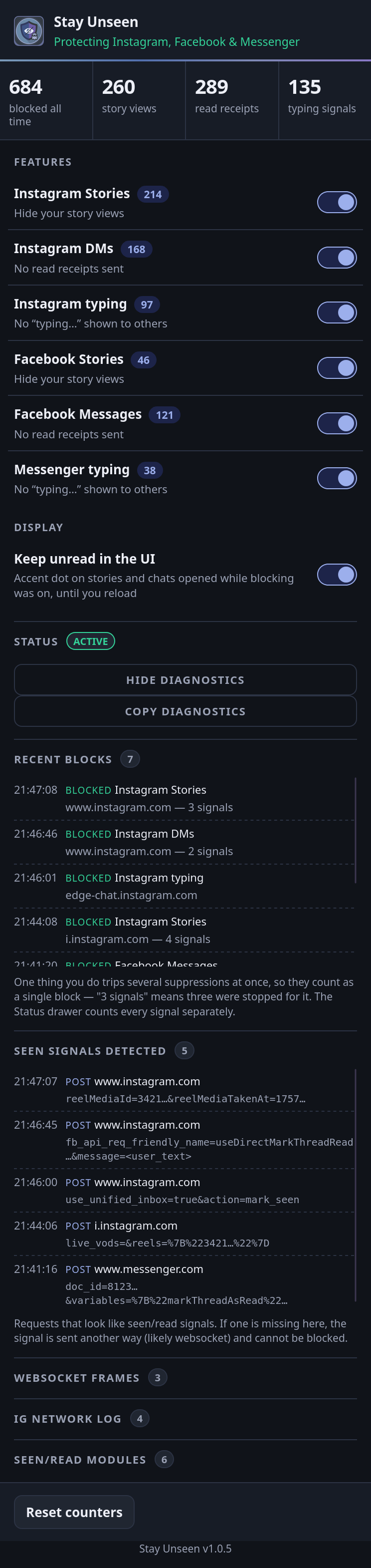 Popup with diagnostics shown: Recent blocks and Seen signals detected are expanded with timestamped endpoint rows, and the WebSocket frames, IG network log and Seen/read modules drawers are listed below.