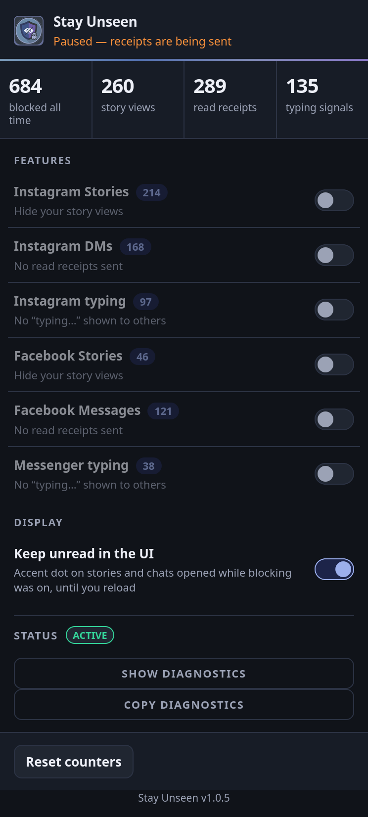 Popup with every feature off. The status line warns “Paused — receipts are being sent” and all six toggles are grey.