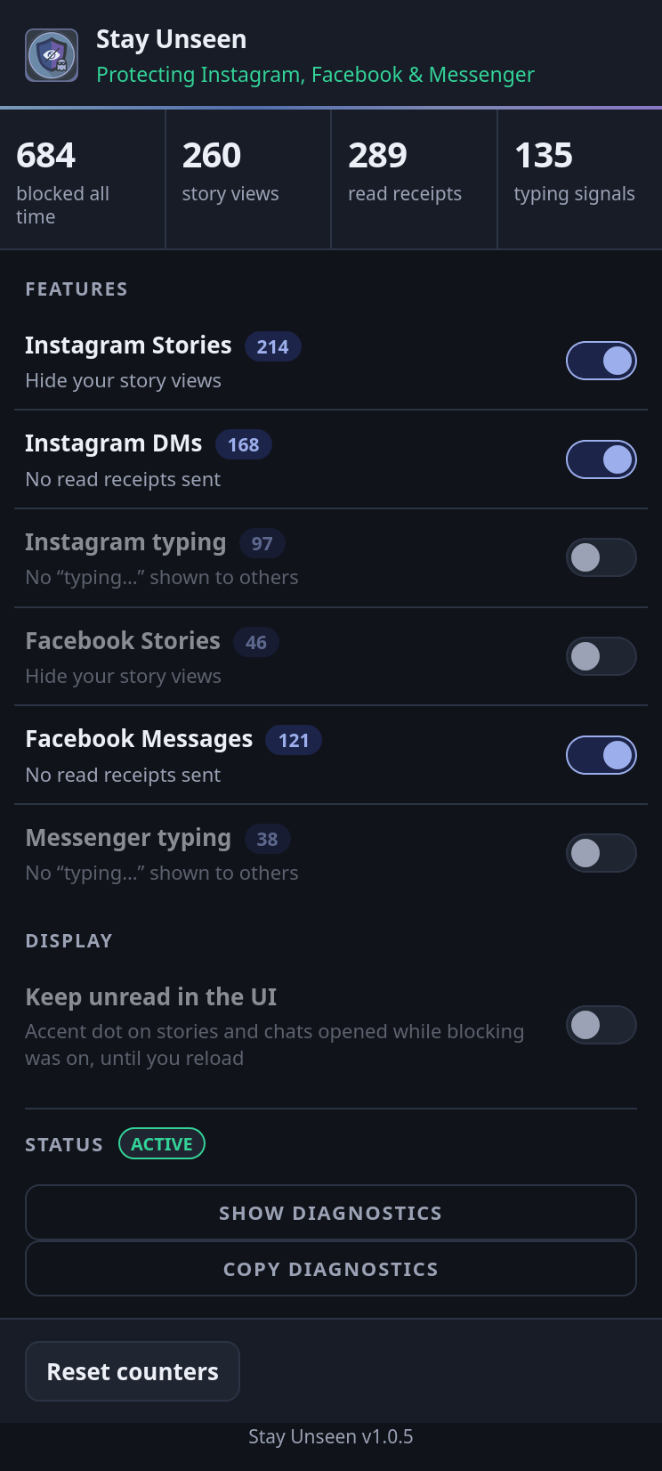 Popup with Instagram typing, Facebook Stories and Messenger typing switched off; those rows are dimmed while the other three stay on.