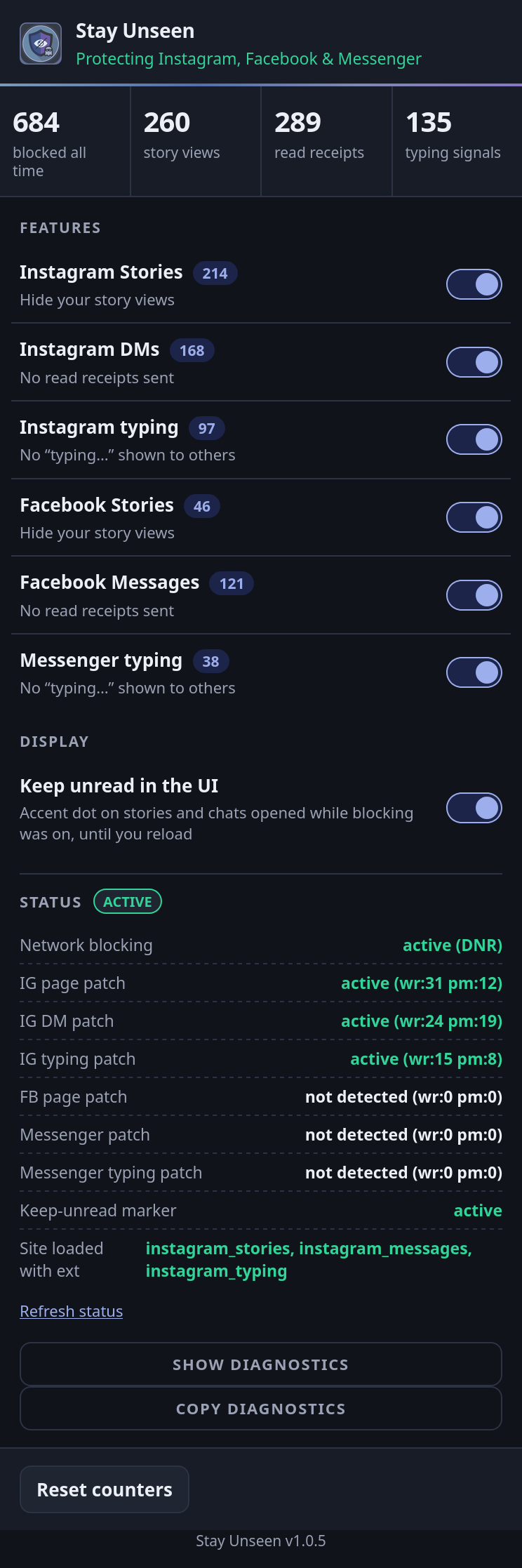 Popup with the Status drawer expanded, showing network blocking active (DNR), the Instagram page patches live with signal counts, the Facebook rows not detected, and the last site loaded with the extension.