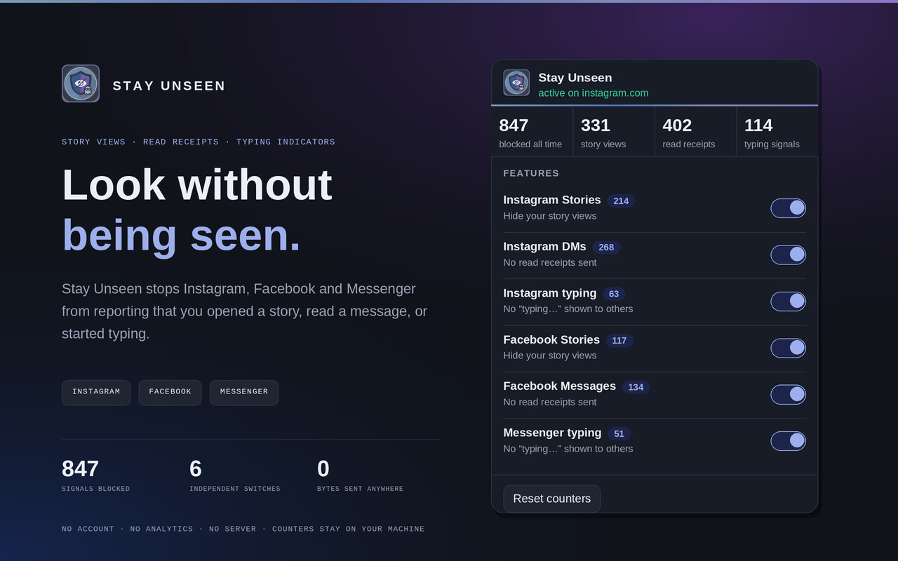 Overview: the headline “Look without being seen” beside the popup showing 847 signals blocked all time, split into 331 story views, 402 read receipts and 114 typing signals, with all six feature toggles on.